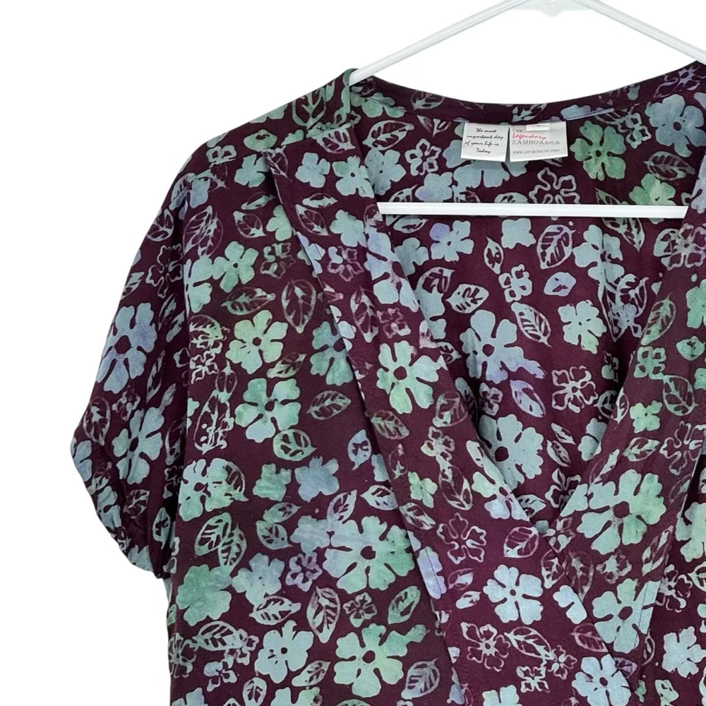 The Legendary Zamboanga Size Small Purple/Blue Rayon Batik Faux Wrap SS Top